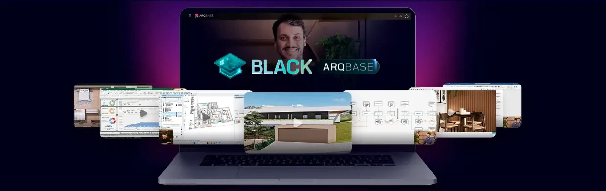 Plataforma ArqBase aberta em um notebook, com a logo da Black ArqBase