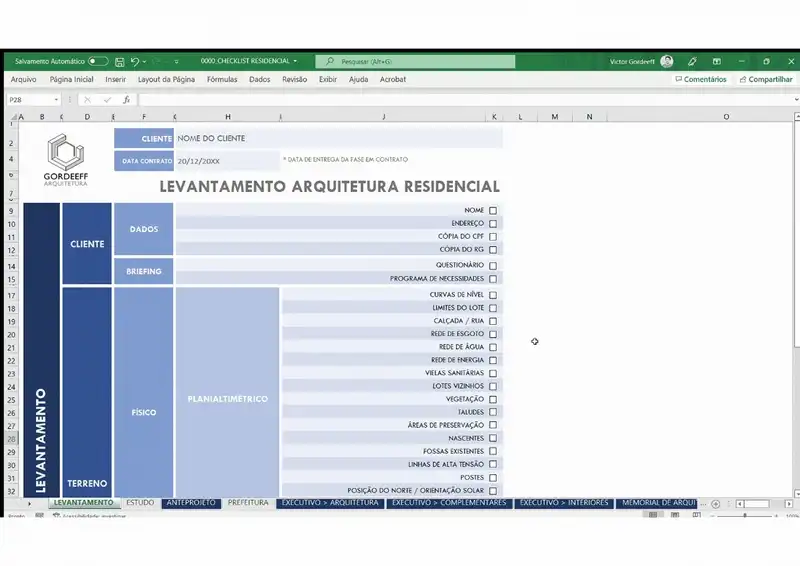 Animação: Demonstração do Checklist Arquitetura Residencial em Excel