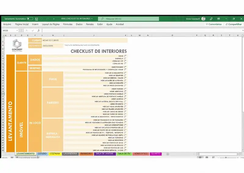 Animação: Demonstração do Checklist Interiores Residencial em Excel