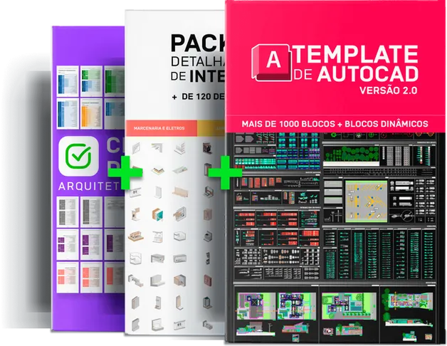 Mockup do combo completo: Template de AutoCAD 2.0 + 3 Packs de Detalhes + Checklist